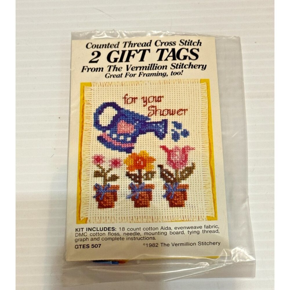 NEW Vermillion Stitchery 2 Gift Tags Cross Stitch Kit Shower Flowers GTES507